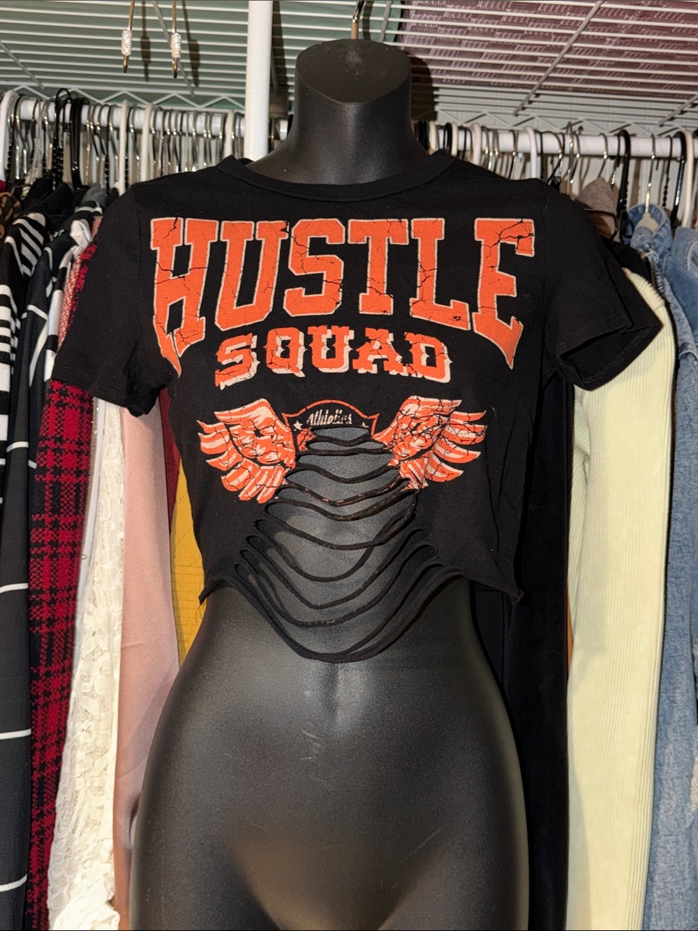Fashion Nova Black and Orange "Hustle Squad" Cutout Crop Top